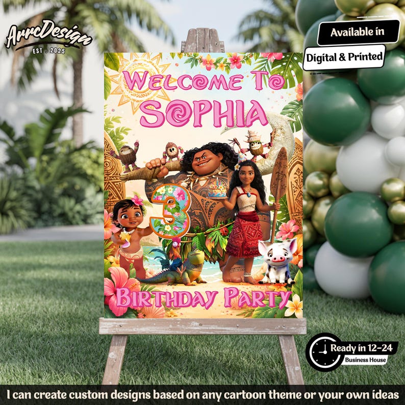 May include: A colorful birthday party sign featuring characters from the animated movie Moana. The sign says "Welcome to Sophia" and "Birthday Party". The number "3" is prominently displayed. The sign is on an easel.