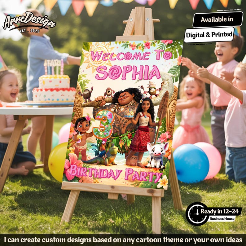 May include: A wooden easel displays a colorful birthday party sign. The sign features the text "Welcome to Sophia" and "Birthday Party" with cartoon characters. The sign is decorated with flowers and the number 3. The sign is available in digital and printed formats.