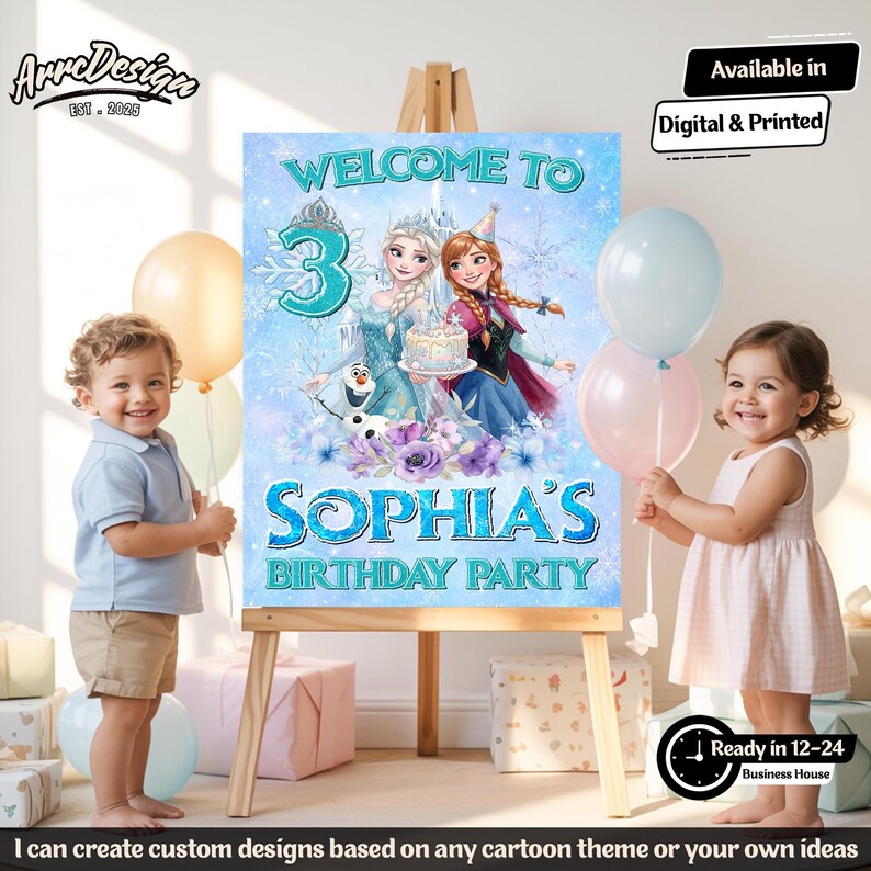 K&ouml;nnte beinhalten: Ein rechteckiges Geburtstagsschild mit den Zeichentrickfiguren Elsa, Anna und Olaf auf hellblauem Hintergrund mit Schneeflocken. Der Text lautet Welcome to 3 Sophia's Birthday Party. Das Schild steht auf einer h&ouml;lzernen Staffelei mit Luftballons.