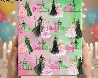 Personalized Wicked Wrapping Paper, Custom Name Elphaba Glinda Pink Green Gift Wrap for Birthday
