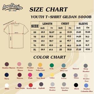 May include: A size chart for youth t-shirts, featuring measurements in inches and centimeters. The chart includes sizes XS to XL, with length, chest, and sleeve dimensions. A color chart displays various hues, including Navy, Pink, and Black.