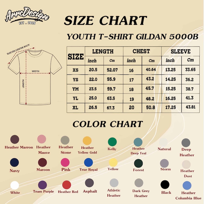 May include: A size chart for youth t-shirts, featuring measurements in inches and centimeters. The chart includes sizes XS to XL, with length, chest, and sleeve dimensions. A color chart displays various hues, including Navy, Pink, and Black.