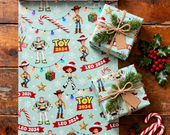 Personalized Toy Story Christmas Wrapping Paper, Custom Name and Year Gift Wrap, Woody Buzz Jessie Holiday Paper for Kids