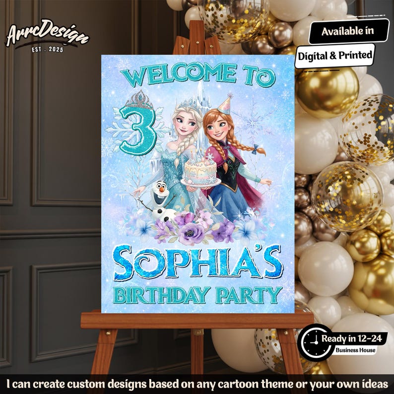 K&ouml;nnte beinhalten: Ein rechteckiges Geburtstagsparty-Schild mit hellblauem Hintergrund, Schneeflocken, der Zahl 3 und den Zeichentrickfiguren Elsa, Anna und Olaf. Der Text lautet Welcome to 3 Sophia's Birthday Party. Das Design enth&auml;lt eine Torte und violette Blumen.