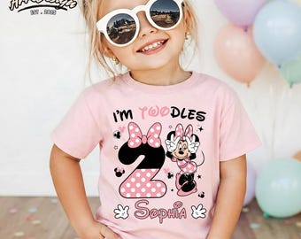 Personalized Minnie Mouse Birthday Shirt, Custom Name Pink Polka Dot Twoodles Girl Tee