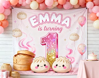 Personalized Dumpling Birthday Backdrop, Custom Name Kawaii Squishy Dumpling Party Banner, Pastel Dim Sum Wall Decor