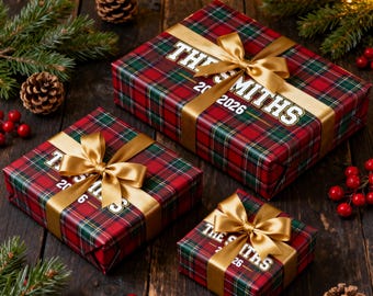 Personalized Family Christmas Wrapping Paper, Custom Last Name Tartan Plaid Holiday Gift Wrap
