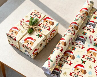 Custom Pet Photo Christmas Wrapping Paper, Personalized Dog or Cat Portrait Gift Wrap with Name
