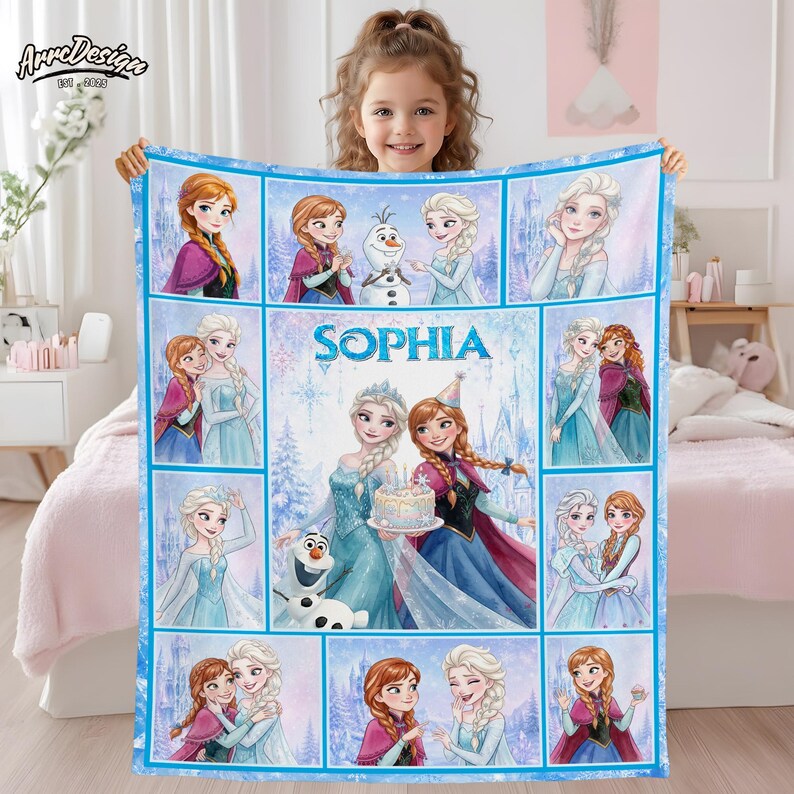 May include: A rectangular fleece blanket featuring a collage of Frozen characters including Anna, Elsa, and Olaf. The center panel displays the name Sophia in blue text above an illustration of Elsa and Anna holding a birthday cake.