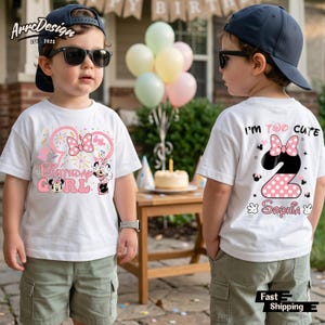 May include: White t-shirts with a Minnie Mouse birthday design. The front of the shirt says "Birthday Girl" with Minnie Mouse graphics. The back says "I'm Too Cute" with a number 2 and the name "Sophia".