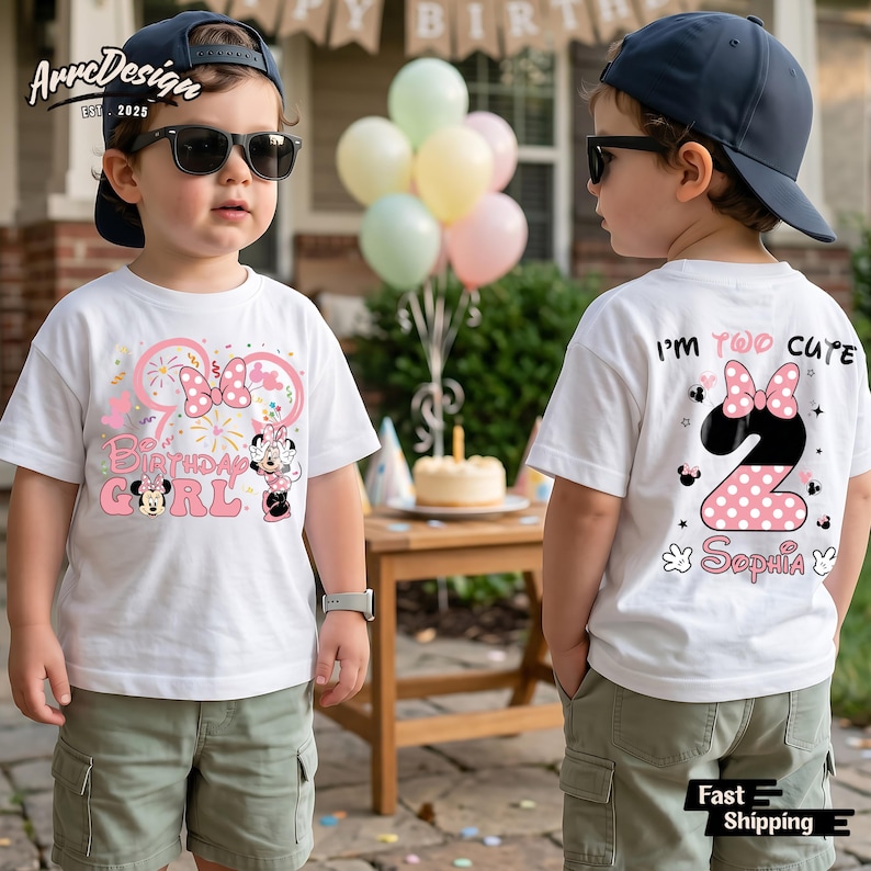 May include: White t-shirts with a Minnie Mouse birthday design. The front of the shirt says "Birthday Girl" with Minnie Mouse graphics. The back says "I'm Too Cute" with a number 2 and the name "Sophia".