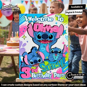 May include: A colorful birthday party sign featuring the character Stitch from Lilo & Stitch. The sign says "Welcome to Olivia" and "3rd Birthday Party". The sign is on an easel, with children in the background.