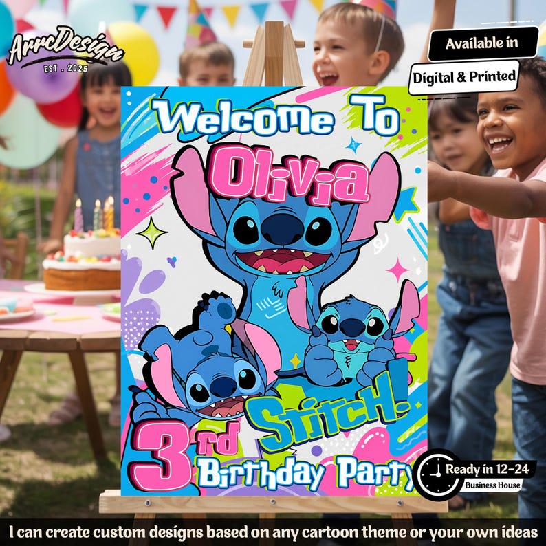 May include: A colorful birthday party sign featuring the character Stitch from Lilo & Stitch. The sign says "Welcome to Olivia" and "3rd Birthday Party". The sign is on an easel, with children in the background.