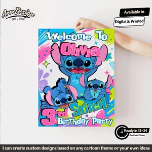 May include: A colorful poster featuring the character Stitch from Lilo & Stitch, with the text "Welcome to Olivia 3rd Birthday Party". The design includes blue, pink, and green elements, with the words "Digital & Printed" displayed.