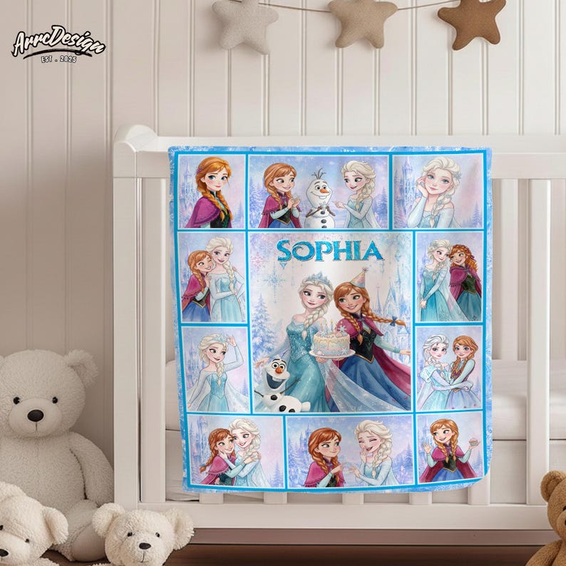 May include: A rectangular fleece blanket featuring a collage of animated characters from Frozen, including Anna, Elsa, and Olaf. The center panel displays the name Sophia in blue text above an illustration of Anna and Elsa holding a cake.