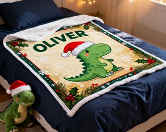 Personalized Christmas Blanket for Kids, Custom Name and Dinosaur Fleece Throw, Gift from Grandma and Grandpa