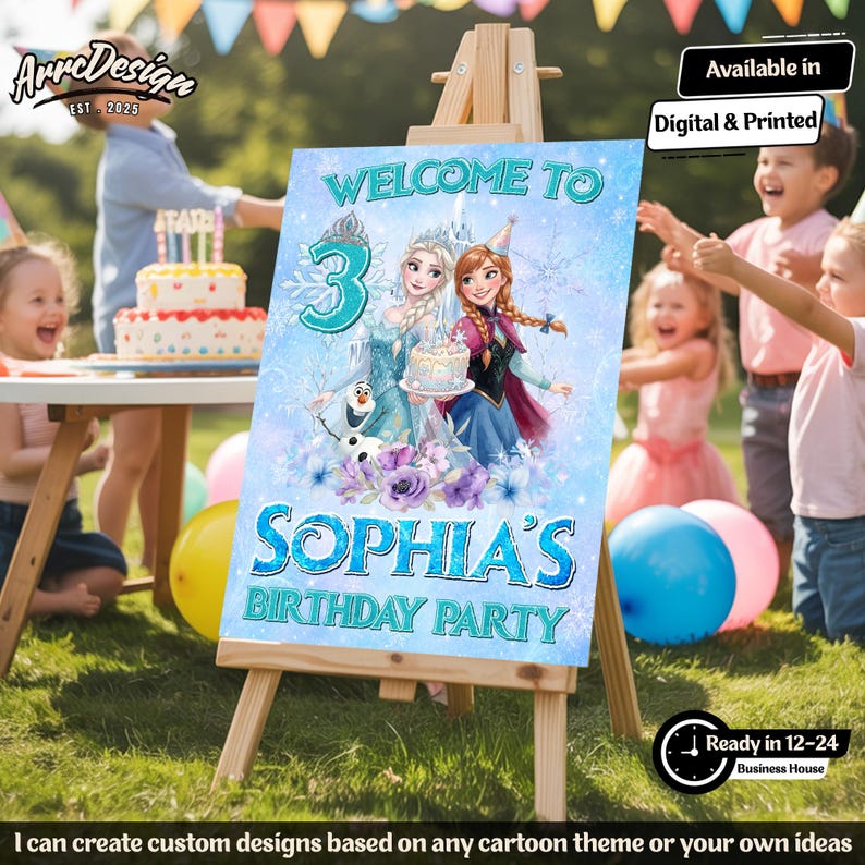 K&ouml;nnte beinhalten: Ein rechteckiges Geburtstagsschild mit Elsa, Anna und Olaf aus Die Eisk&ouml;nigin, mit dem Text Welcome to 3 Sophia's Birthday Party. Das Design enth&auml;lt eine gro&szlig;e blaue Zahl 3, violette Blumen und Schneeflocken auf hellblauem Hintergrund.