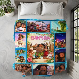 May include: A blue and white Moana-themed blanket featuring various characters and scenes from the animated film. The blanket has a personalized name, "Sophia," in the center. The design includes images of Moana, Maui, Pua, Hei Hei, and other characters.
