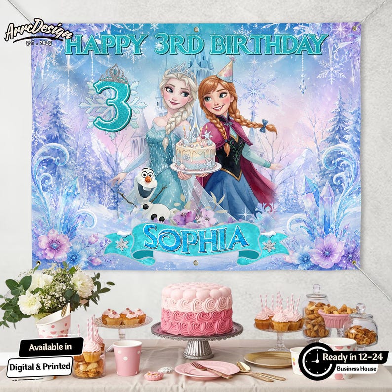 Pode incluir: Uma faixa de anivers&aacute;rio retangular com uma cena de inverno, dois personagens animados, um boneco de neve e um bolo. O texto diz HAPPY 3RD BIRTHDAY e SOPHIA. O fundo mostra uma paisagem nevada com cristais de gelo e flores roxas.