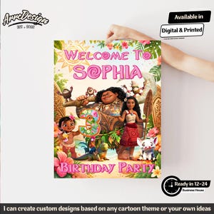 May include: A colorful birthday party poster featuring cartoon characters, the name "Sophia", and the number "3". The poster includes the text "Welcome To", "Birthday Party", and "Available in Digital & Printed". The design is from ArreDesign.