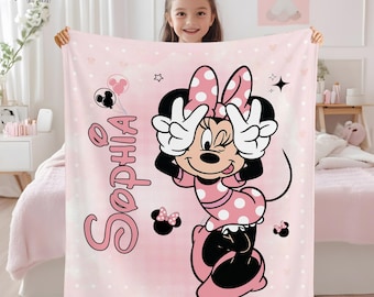 Personalized Minnie Mouse Blanket for Girls, Custom Name Pink Disney Baby Throw, Birthday Gift