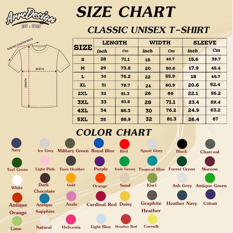 May include: Size and color chart for a classic unisex t-shirt. The chart includes measurements in inches for length, width, and sleeve size, ranging from size S to 5XL. A color chart displays various colors like navy, red, and black.