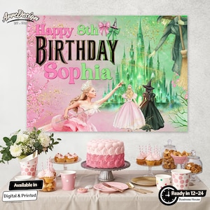 Może przedstawiać: Różowy i zielony baner urodzinowy z napisem "Happy 8th Birthday Sophia" oraz ilustracjami księżniczki, czarownicy i zamku. Scena obejmuje tort, babeczki i dekoracje imprezowe.