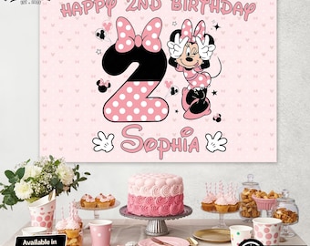 Personalized Minnie Mouse Birthday Backdrop, Two-dles Theme Pink Party Decor Digital or Printed