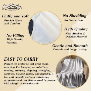 May include: A white, soft blanket with the text "Fluffy and soft" and "Easy to carry." The blanket is described as having anti-wrinkle and non-exfoliating properties. Suitable for those with sensitive skin.