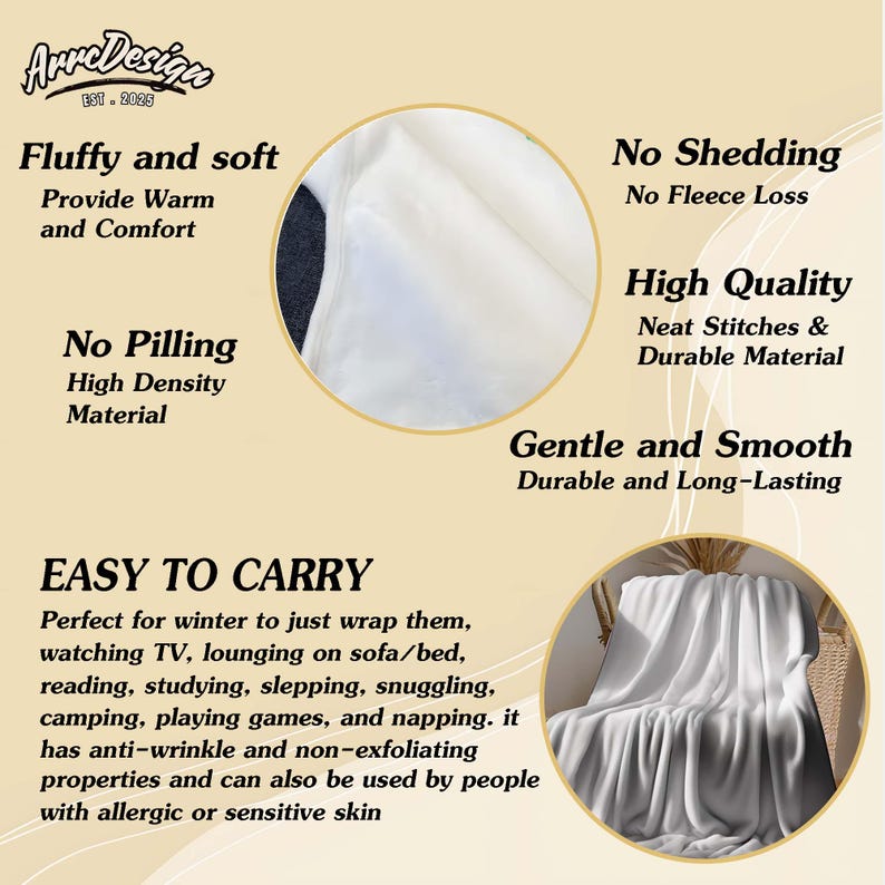 May include: A white, soft blanket with the text "Fluffy and soft" and "Easy to carry." The blanket is described as having anti-wrinkle and non-exfoliating properties. Suitable for those with sensitive skin.