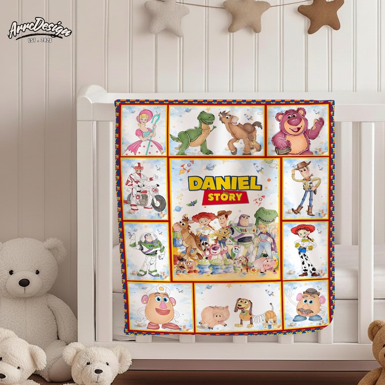 May include: A personalized baby blanket featuring characters from the animated film "Toy Story." The blanket has a patchwork design with various character illustrations and the name "DANIEL STORY" in the center. The blanket is displayed on a white crib.