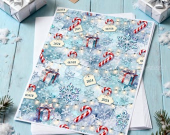 Personalized Christmas Wrapping Paper, Custom Kids Name Snowflake Candy Cane Holiday Gift Wrap