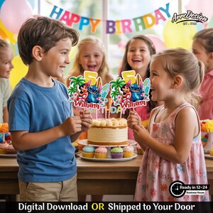 May include: A birthday cake with a "5" cake topper featuring Lilo and Stitch characters, palm trees, and surfboards. The cake is surrounded by cupcakes and children. A banner reads "HAPPY BIRTHDAY". The text "Digital Download OR Shipped to Your Door" is at the bottom.