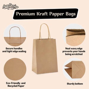 May include: A brown paper shopping bag with twisted paper handles. The bag features the text "Premium Kraft Papper Bags". Additional details show secure handles, a wavy edge, and a sturdy bottom. The bag is made of eco-friendly and recycled paper.