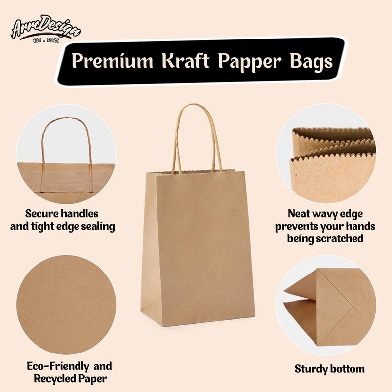 May include: A brown paper shopping bag with twisted paper handles. The bag features the text "Premium Kraft Papper Bags". Additional details show secure handles, a wavy edge, and a sturdy bottom. The bag is made of eco-friendly and recycled paper.