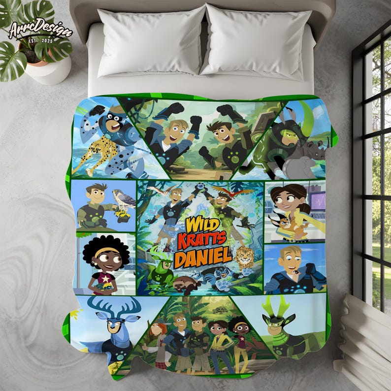 May include: A colorful blanket featuring characters from the animated series "Wild Kratts Daniel." The design includes various characters and the show's logo, set against a green and blue background. The blanket is displayed on a bed with white pillows.