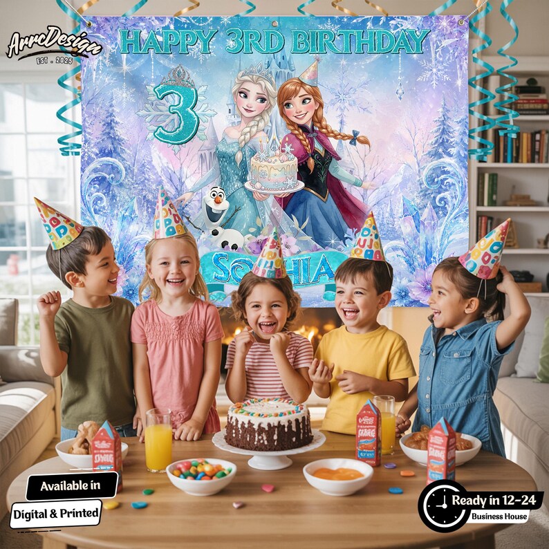 Pode incluir: Um pano de fundo retangular para festa de anivers&aacute;rio com Elsa e Anna de Frozen, o texto Happy 3rd Birthday, um n&uacute;mero 3 grande e o nome Sophia. A cena inclui um fundo de floresta nevada, um bolo de anivers&aacute;rio e um boneco de neve.