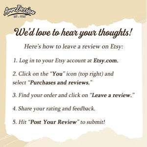 May include: Cream-colored graphic with text that reads "We'd love to hear your thoughts!" and instructions on how to leave an Etsy review. The ArreDesign logo is in the top left corner.