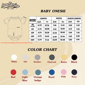May include: A product image featuring a baby onesie size chart with measurements in inches and centimeters. The chart includes length, width, and sleeve length for sizes NB to 24M. A color chart displays various options like white, red, and navy.