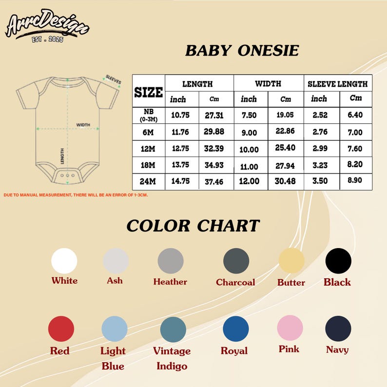 May include: A product image featuring a baby onesie size chart with measurements in inches and centimeters. The chart includes length, width, and sleeve length for sizes NB to 24M. A color chart displays various options like white, red, and navy.