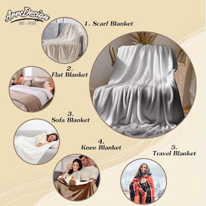 May include: An image presenting different blanket types: Scarf, Flat, Sofa, Knee, and Travel blankets. The blankets are shown in various contexts, such as on a sofa, bed, and wrapped around a person. The image includes the text "ArreDesign EST. 2025".