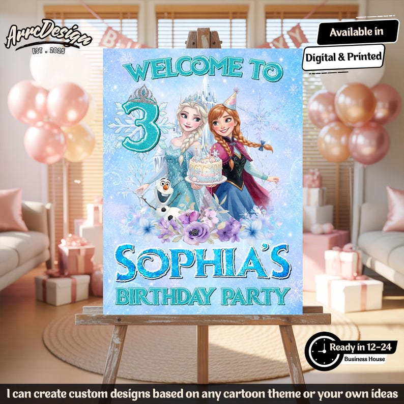 K&ouml;nnte beinhalten: Ein rechteckiges Geburtstagsparty-Schild mit dem Text Welcome to 3 Sophia's Birthday Party, illustriert mit zwei weiblichen Figuren, einem Schneemann, einer Torte und violetten Blumen vor einem hellblauen Hintergrund.