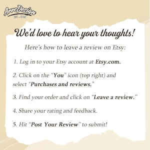 Pode incluir: Um gr&aacute;fico informativo bege com texto castanho escuro intitulado We'd love to hear your thoughts! Fornece cinco passos numerados para deixar uma avalia&ccedil;&atilde;o na Etsy, come&ccedil;ando por iniciar sess&atilde;o em Etsy.com e terminando em Post Your Review.
