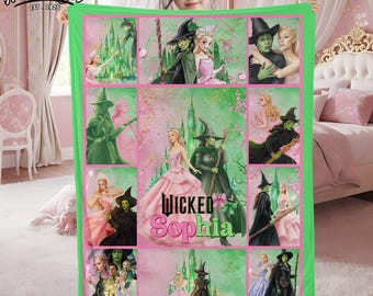 Couverture Wicked personnalisée avec nom, jeté personnalisé rose-vert Glinda et Elphaba