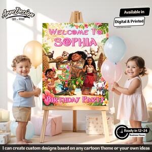 May include: A custom birthday party sign featuring the text "Welcome to Sophia" and "Birthday Party" with cartoon characters. The sign is on an easel, with two children holding balloons. Text on the sign says "Available in Digital & Printed".