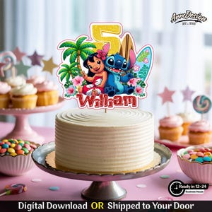 May include: A cake with a decorative topper featuring Lilo and Stitch, palm trees, and a surfboard. The number 5 is in gold glitter. The name "William" is written in red glitter. The cake is on a silver cake stand, surrounded by cupcakes and candy.