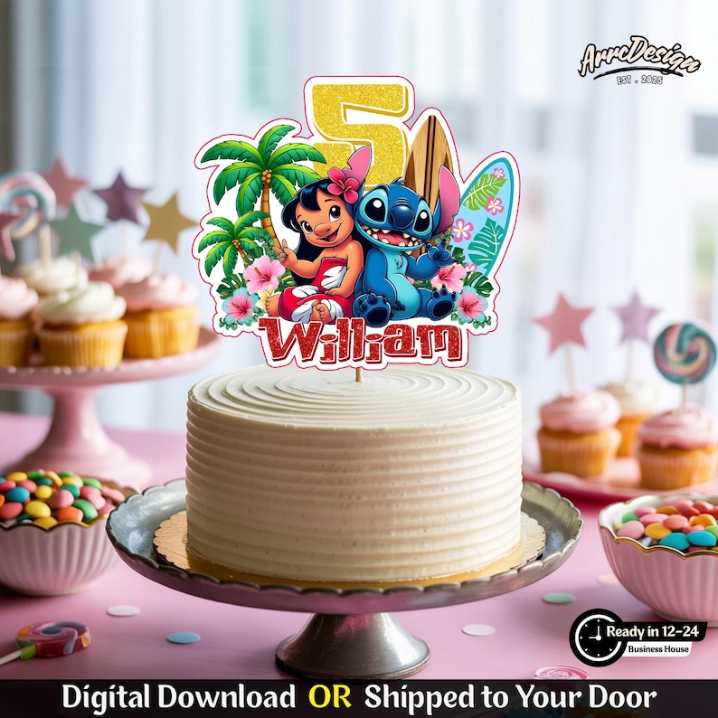 May include: A cake with a decorative topper featuring Lilo and Stitch, palm trees, and a surfboard. The number 5 is in gold glitter. The name "William" is written in red glitter. The cake is on a silver cake stand, surrounded by cupcakes and candy.
