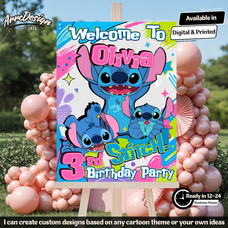 May include: A colorful birthday party sign featuring the character Stitch from the Disney movie Lilo & Stitch. The sign says "Welcome to Olivia" and "3rd Birthday Party". The sign is on an easel and surrounded by pink balloons.