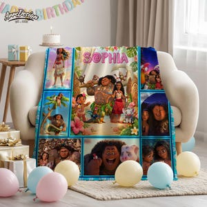 May include: A personalized fleece blanket featuring characters from a popular animated movie. The blanket is decorated with a collage of images and the name "Sophia" in pink letters. The blanket is draped over a cream-colored sofa, with balloons and a cake in the background.
