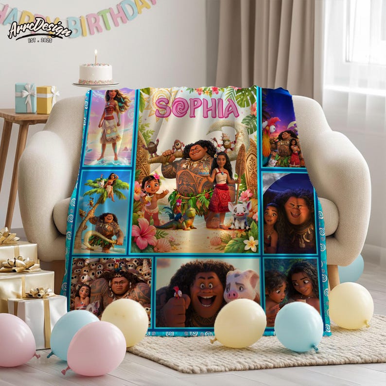 May include: A personalized fleece blanket featuring characters from a popular animated movie. The blanket is decorated with a collage of images and the name "Sophia" in pink letters. The blanket is draped over a cream-colored sofa, with balloons and a cake in the background.